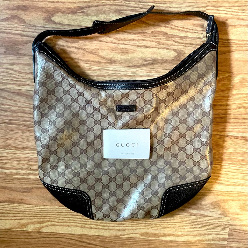 Gucci Brown Beige GG Canvas Hobo with Black Trim